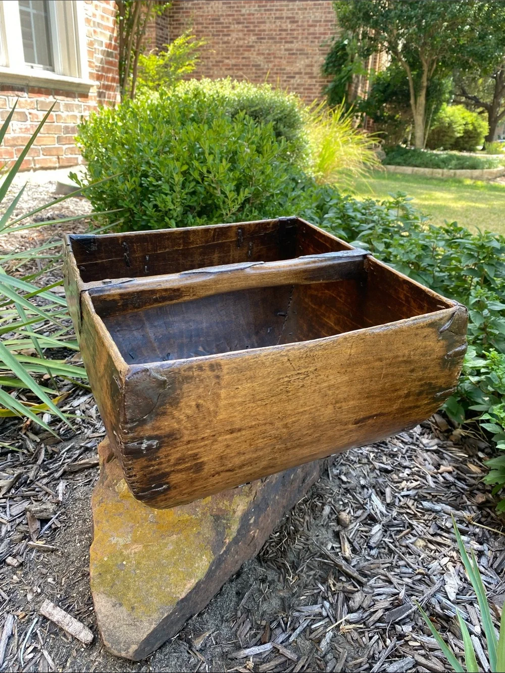 Antique Chinese Wooden Rice Measure Basket w/Handle and rustic metal accents